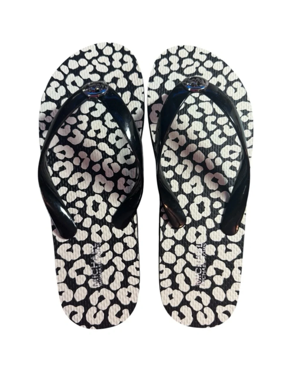 Michael Kors Black Strap Flip Flops with White & Black Leopard Print, Sz - Picture 2 of 3